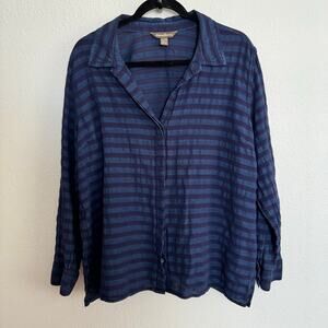 Tommy Bahama Shirt Top Navy Blue Striped Button Up Roll Tab Long Sleeve Sz XL